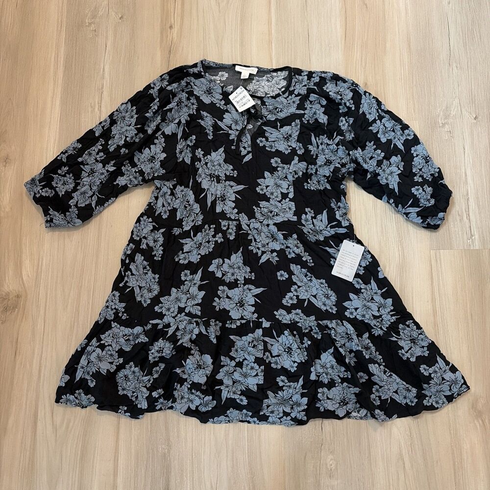 Dress Sz Large Treasure & Bond Black Blue Fit And Flare Knee Length 3/4 Sleeve